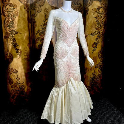 CARLOTA ALFARO, vintage 1980s wedding evening gown, White pink beaded mermaid dress