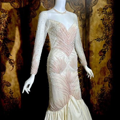 CARLOTA ALFARO, vintage 1980s wedding evening gown, White pink beaded mermaid dress