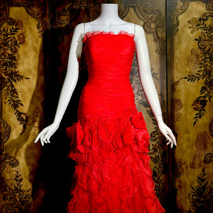 BELLVILLE SASSOON Lorcan Mullany, vintage 1980s evening dress, Red mermaid sheath gown, strapless tiered ruffles with matching bolero