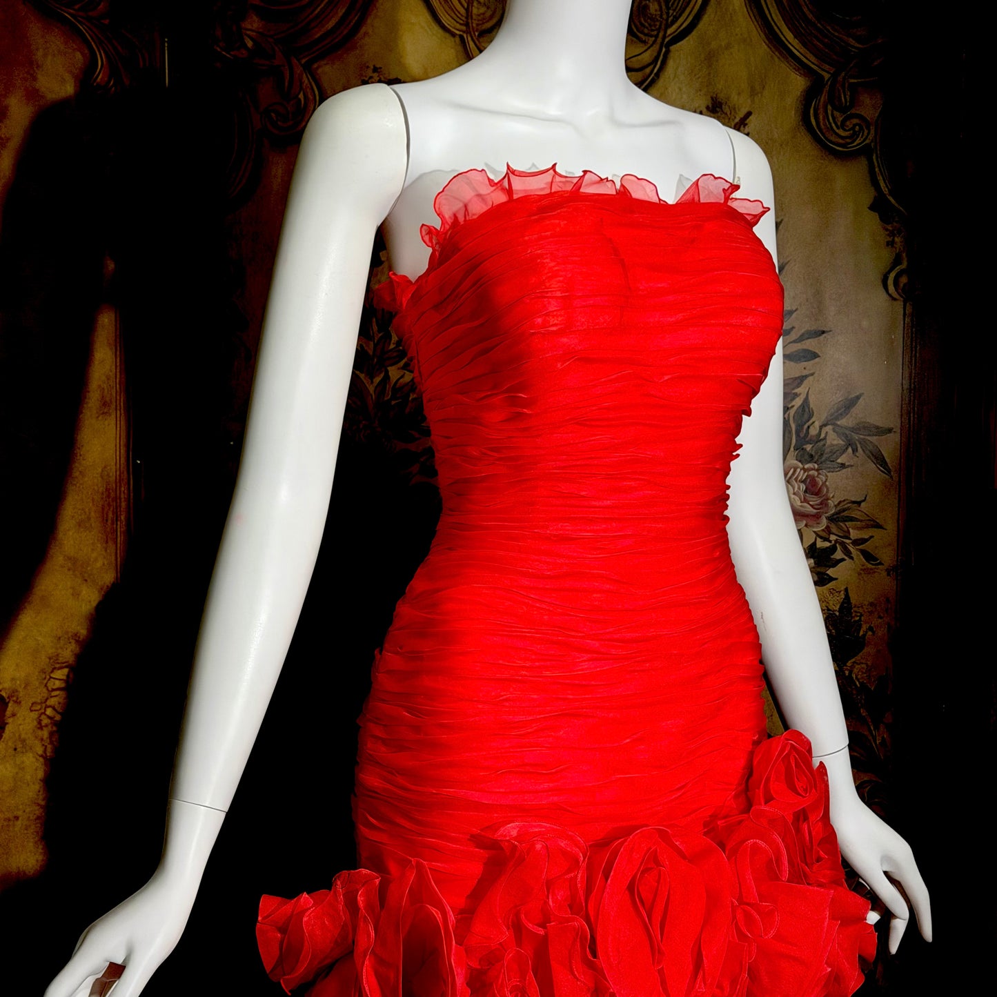BELLVILLE SASSOON Lorcan Mullany, vintage 1980s evening dress, Red mermaid sheath gown, strapless tiered ruffles with matching bolero