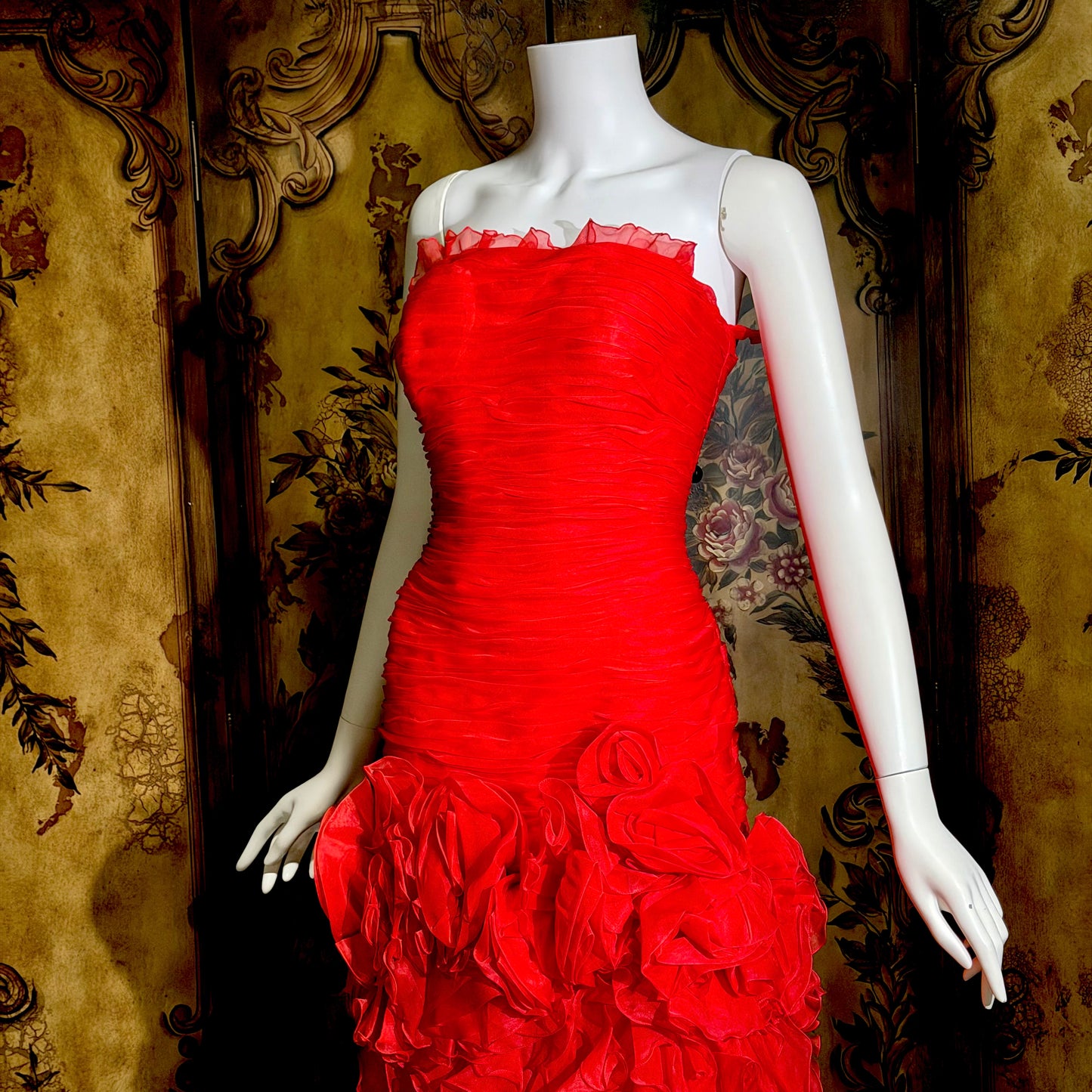 BELLVILLE SASSOON Lorcan Mullany, vintage 1980s evening dress, Red mermaid sheath gown, strapless tiered ruffles with matching bolero