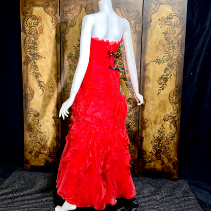 BELLVILLE SASSOON Lorcan Mullany, vintage 1980s evening dress, Red mermaid sheath gown, strapless tiered ruffles with matching bolero