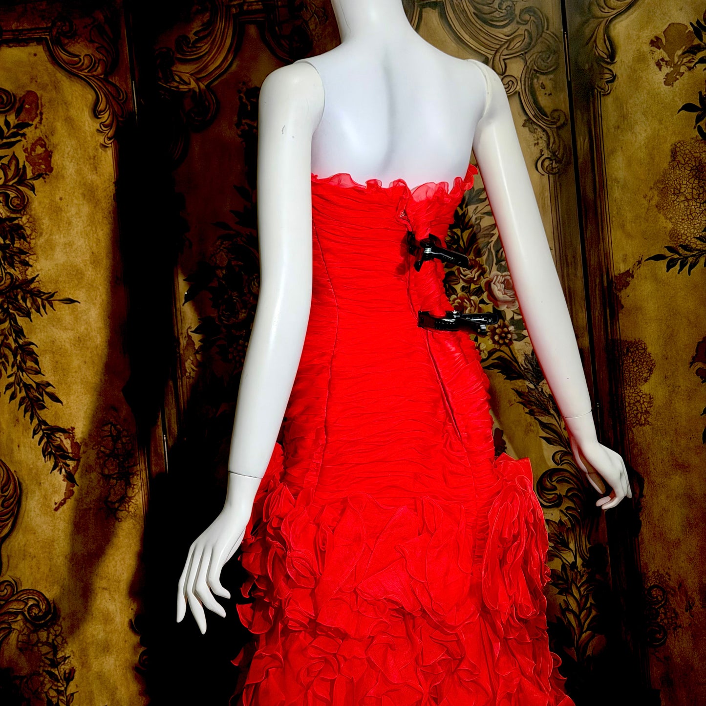 BELLVILLE SASSOON Lorcan Mullany, vintage 1980s evening dress, Red mermaid sheath gown, strapless tiered ruffles with matching bolero