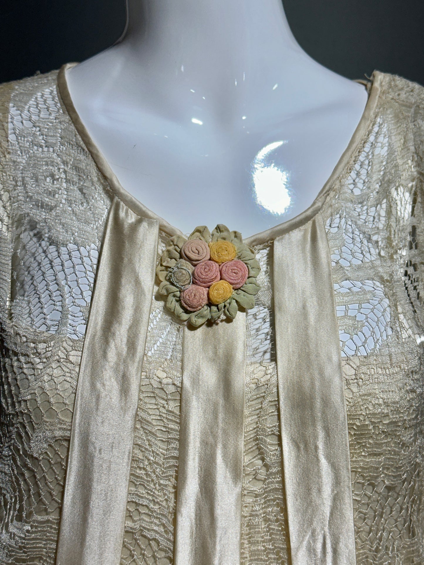 1920s Antique vintage wedding dress, Handmade candlelight white silk and lace slip dress with scarf sleeves, bridal flapper dress