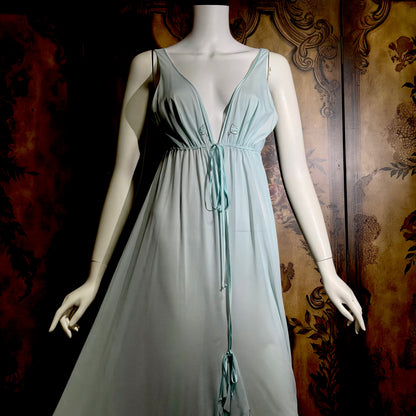 LUCIE ANN BEVERLY Hills, Claire Sandra vintage 1960s nightgown, powder blue jersey knit ruffled hem gown