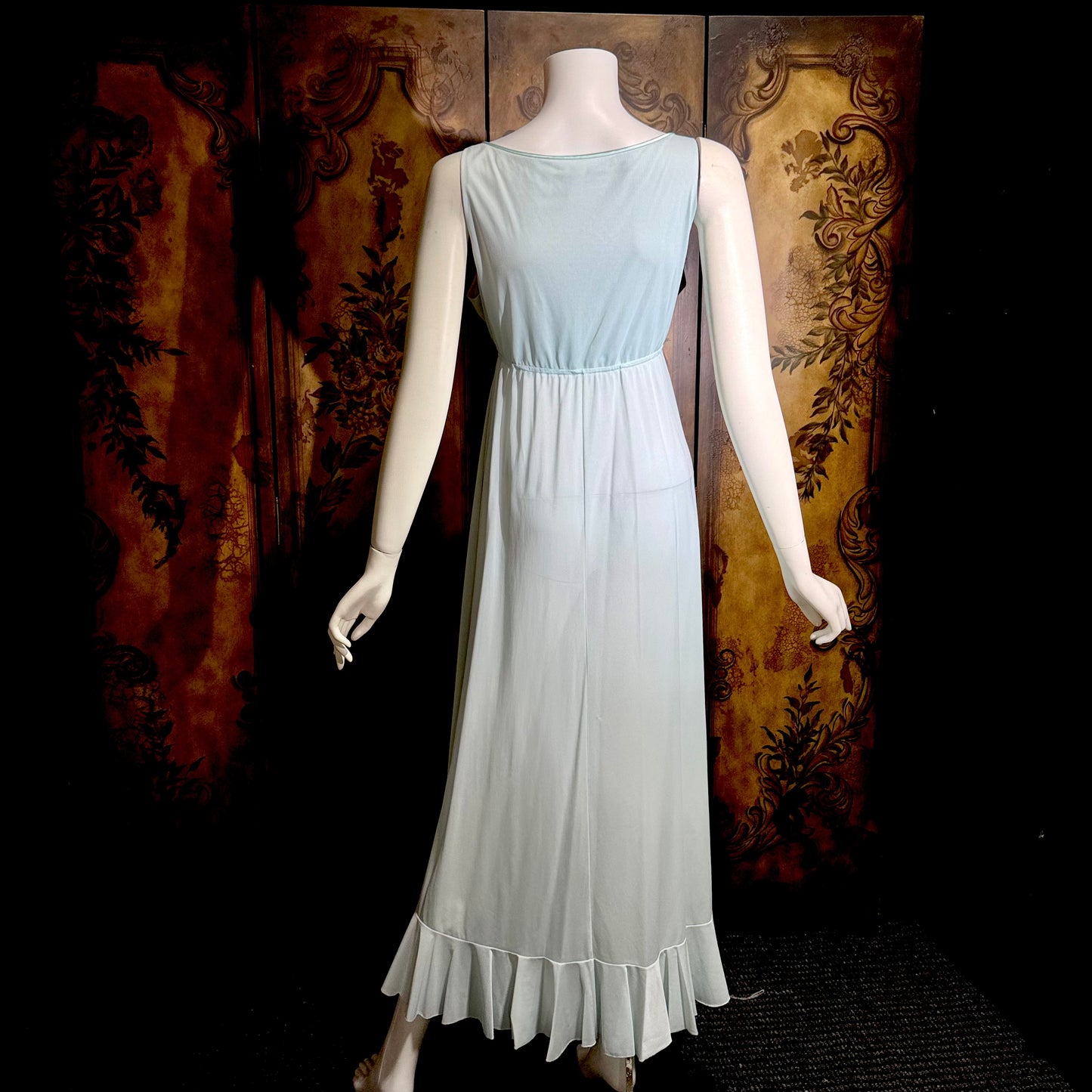 LUCIE ANN BEVERLY Hills, Claire Sandra vintage 1960s nightgown, powder blue jersey knit ruffled hem gown