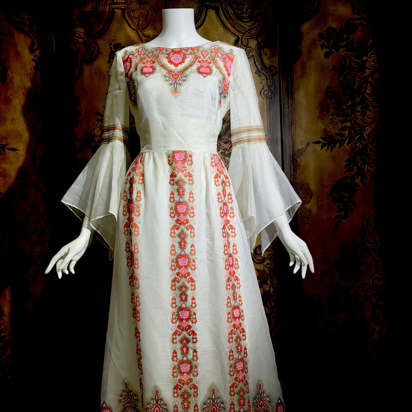ALFRED SHAHEEN vintage 1970s maxi dress, hand screen print floral Hawaiian wedding dress