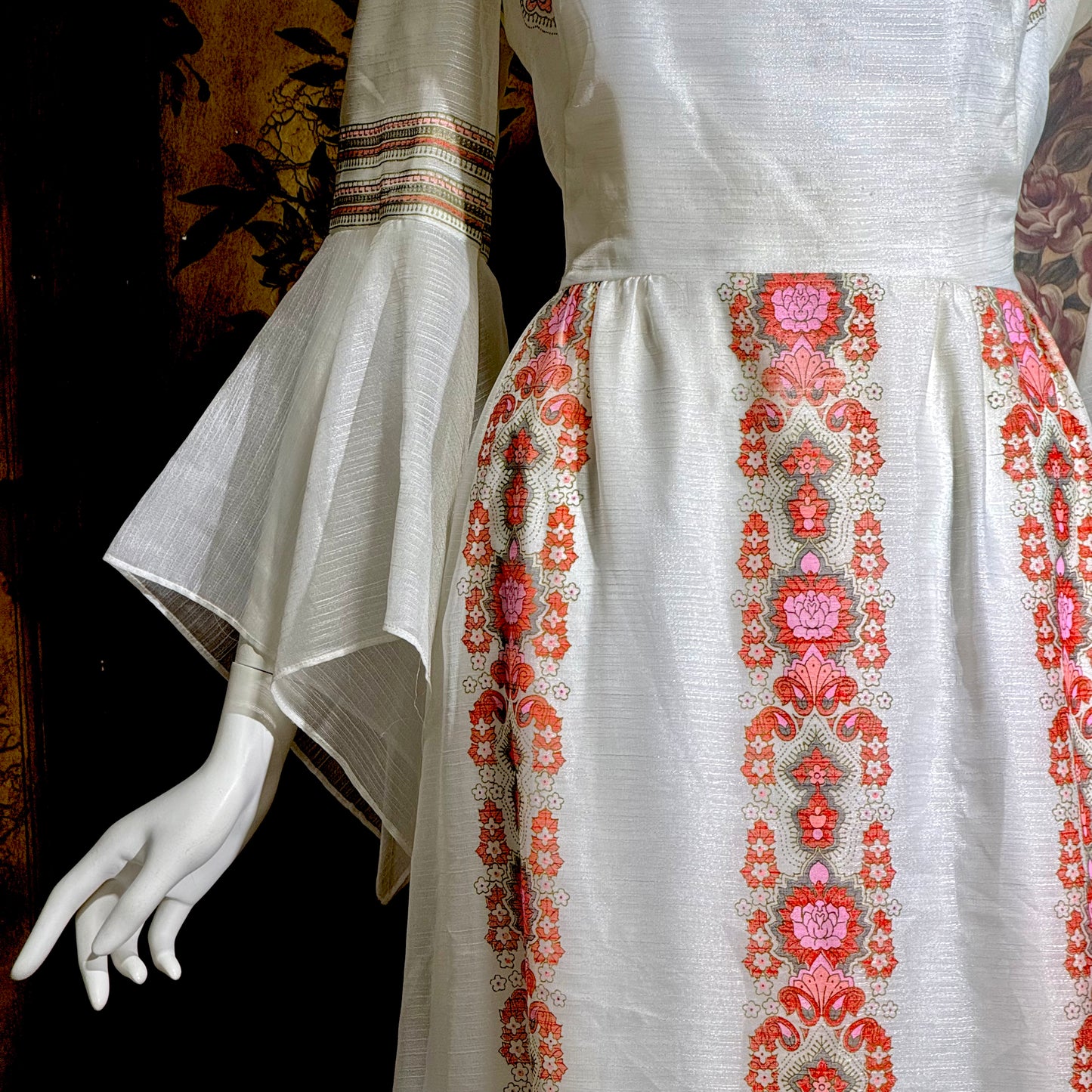 ALFRED SHAHEEN vintage 1970s maxi dress, hand screen print floral Hawaiian wedding dress