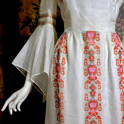 ALFRED SHAHEEN vintage 1970s maxi dress, hand screen print floral Hawaiian wedding dress