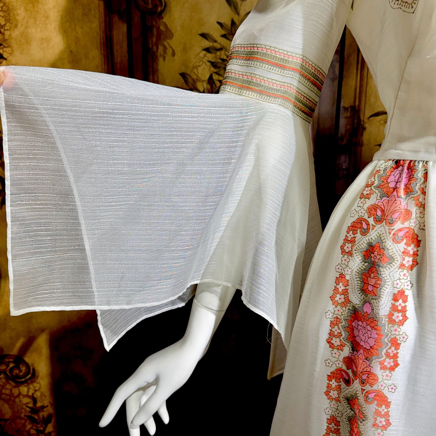 ALFRED SHAHEEN vintage 1970s maxi dress, hand screen print floral Hawaiian wedding dress