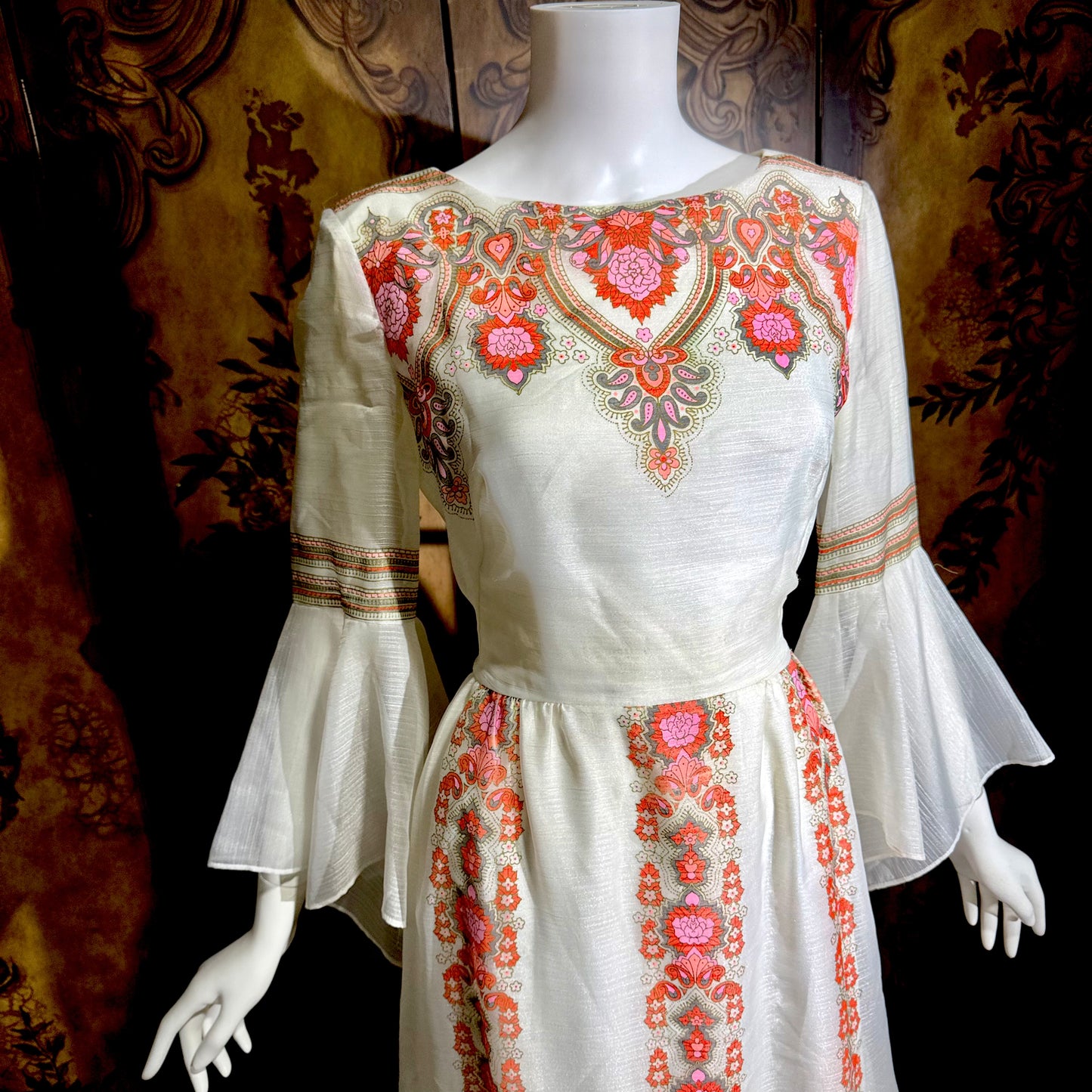 ALFRED SHAHEEN vintage 1970s maxi dress, hand screen print floral Hawaiian wedding dress