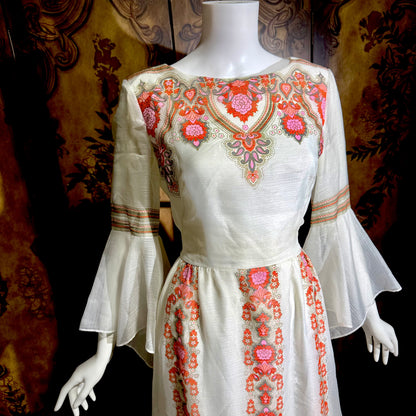 ALFRED SHAHEEN vintage 1970s maxi dress, hand screen print floral Hawaiian wedding dress