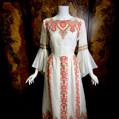ALFRED SHAHEEN vintage 1970s maxi dress, hand screen print floral Hawaiian wedding dress