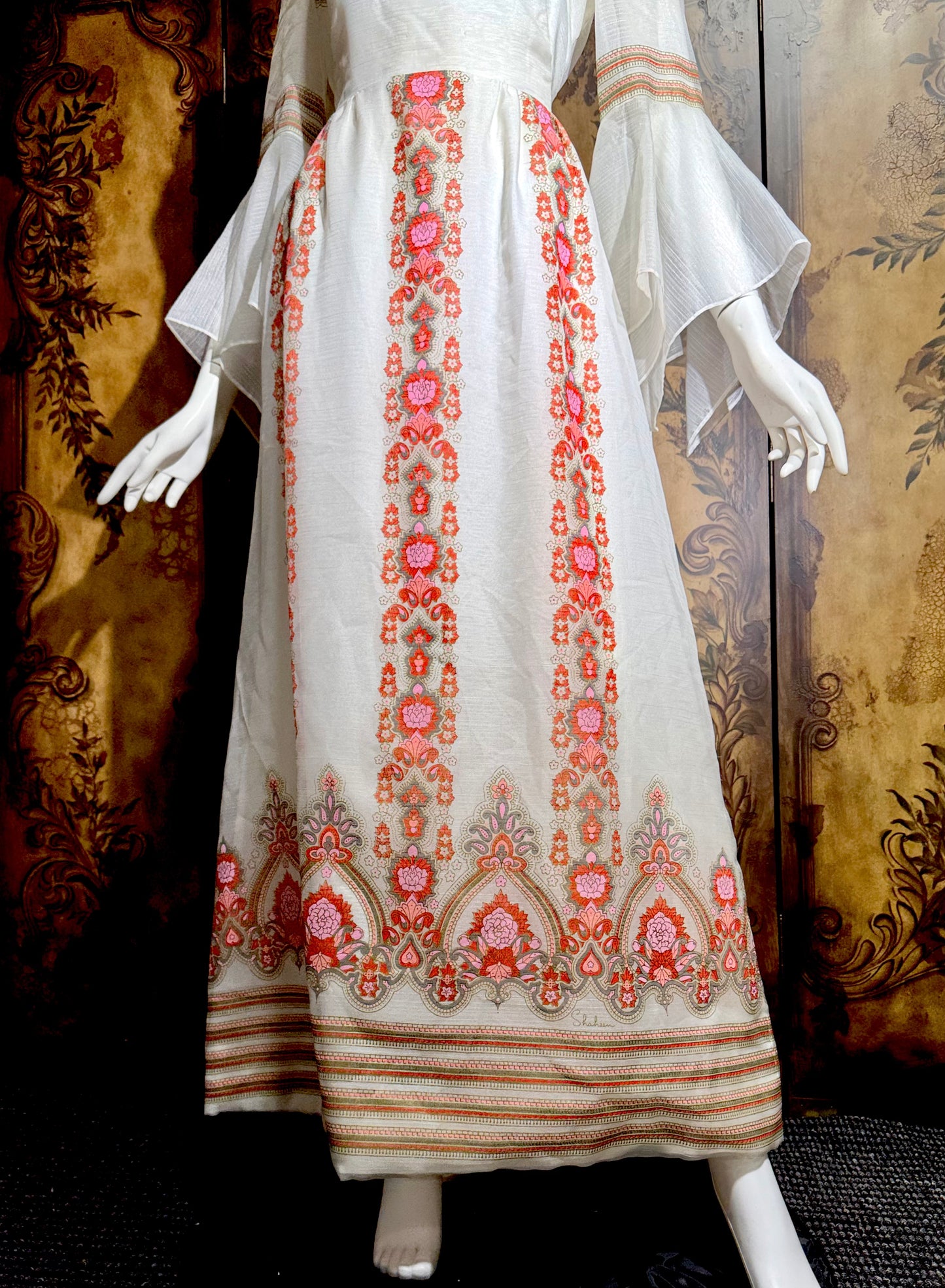ALFRED SHAHEEN vintage 1970s maxi dress, hand screen print floral Hawaiian wedding dress