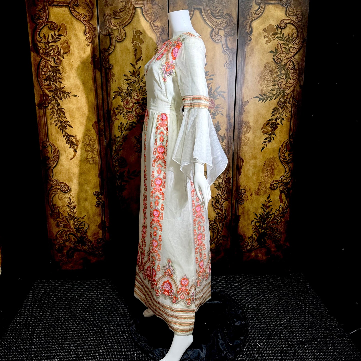 ALFRED SHAHEEN vintage 1970s maxi dress, hand screen print floral Hawaiian wedding dress