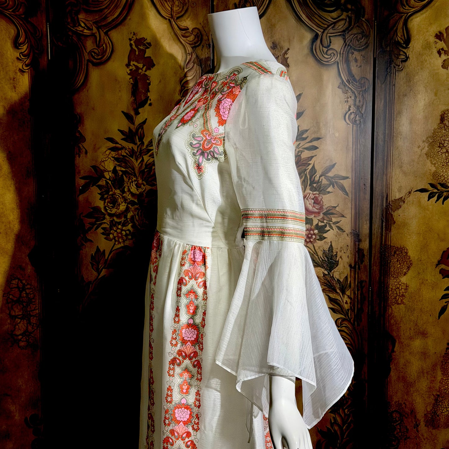 ALFRED SHAHEEN vintage 1970s maxi dress, hand screen print floral Hawaiian wedding dress