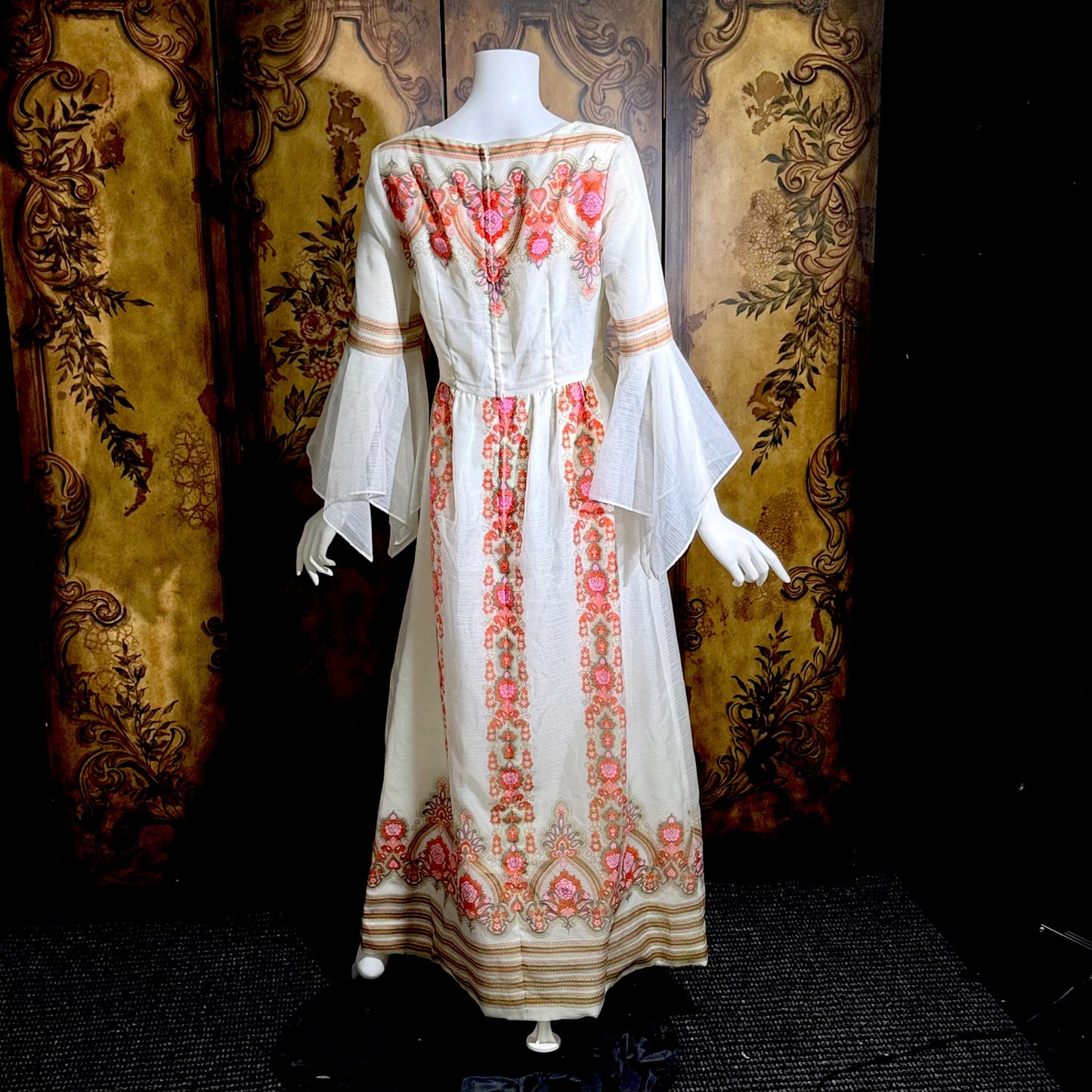 ALFRED SHAHEEN vintage 1970s maxi dress, hand screen print floral Hawaiian wedding dress