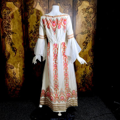 ALFRED SHAHEEN vintage 1970s maxi dress, hand screen print floral Hawaiian wedding dress