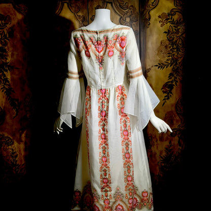 ALFRED SHAHEEN vintage 1970s maxi dress, hand screen print floral Hawaiian wedding dress