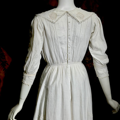 1900s Antique Victorian wedding dress, vintage white cotton lawn gown, Edwardian day dress