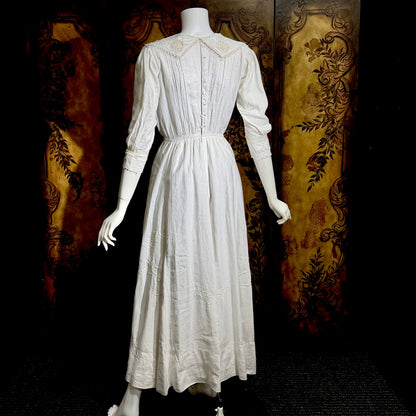 1900s Antique Victorian wedding dress, vintage white cotton lawn gown, Edwardian day dress