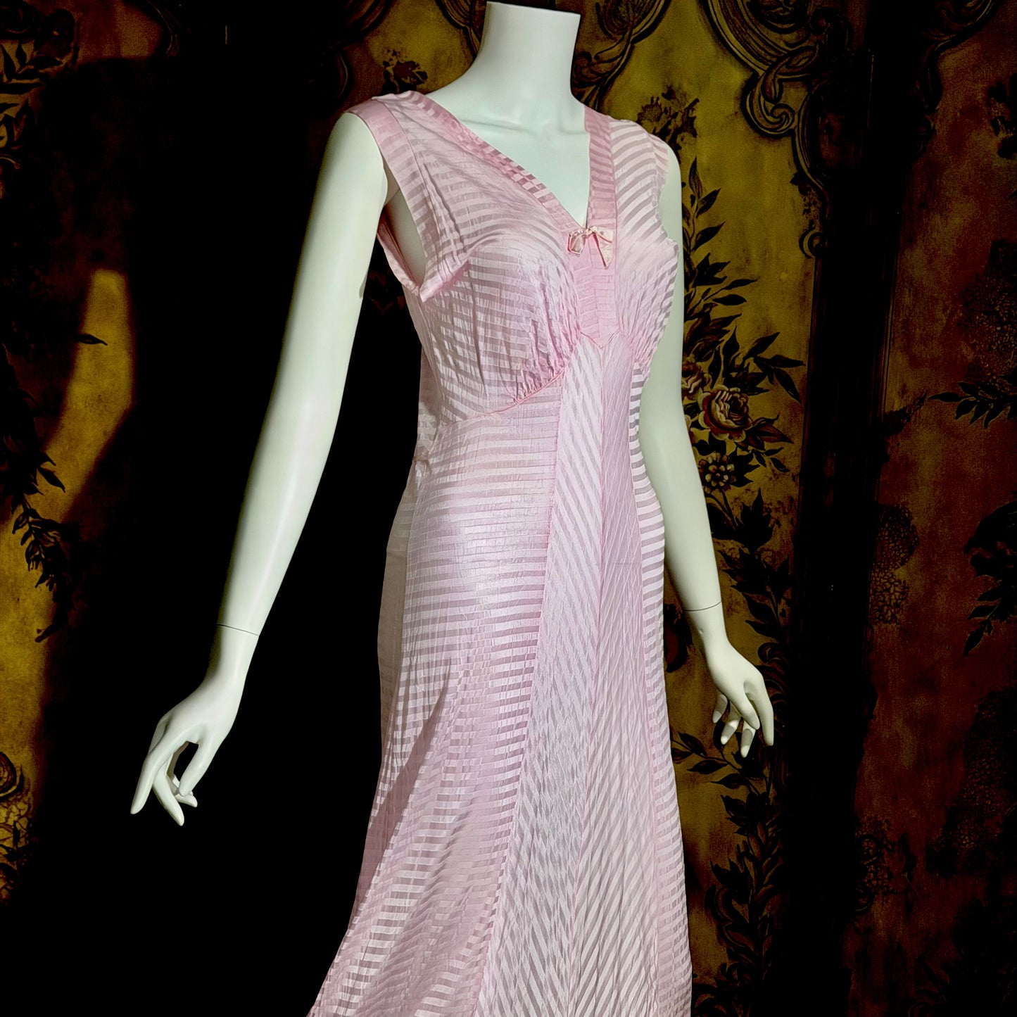 LORRAINE vintage 1940s Nightgown Slip Dress: Pink Shadow Stripe Rayon Night dress