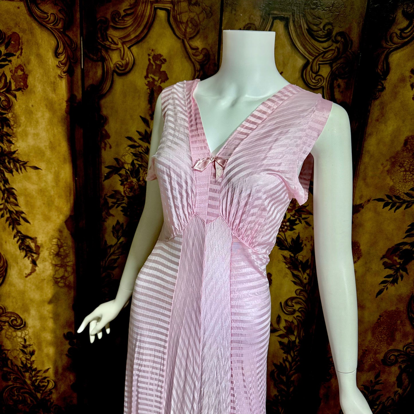 LORRAINE vintage 1940s Nightgown Slip Dress: Pink Shadow Stripe Rayon Night dress