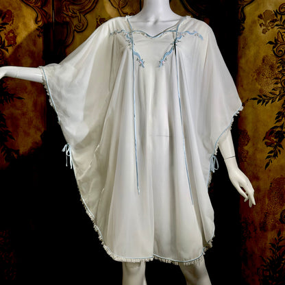 PEDRO RODRIGUEZ Couture Internationale, vintage 1960s caftan robe, sheer double layer chiffon white poncho cape loungewear
