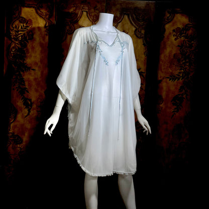 PEDRO RODRIGUEZ Couture Internationale, vintage 1960s caftan robe, sheer double layer chiffon white poncho cape loungewear