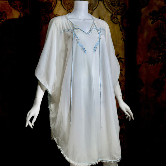 PEDRO RODRIGUEZ Couture Internationale, vintage 1960s caftan robe, sheer double layer chiffon white poncho cape loungewear