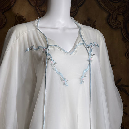 PEDRO RODRIGUEZ Couture Internationale, vintage 1960s caftan robe, sheer double layer chiffon white poncho cape loungewear