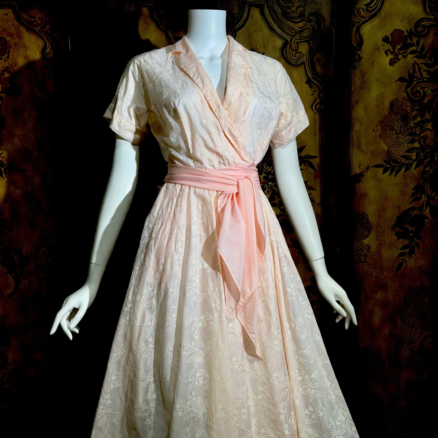 SAKS FIFTH AVENUE vintage 1950s dress, pink flocked floral wrap dress
