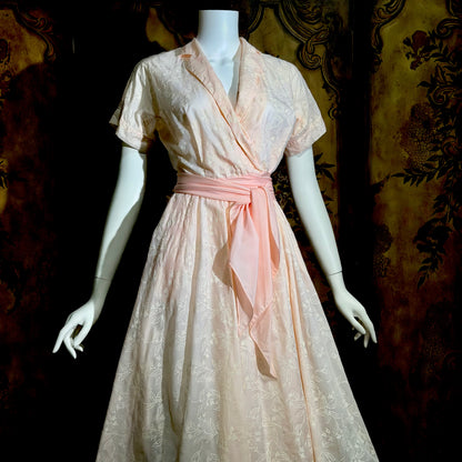 SAKS FIFTH AVENUE vintage 1950s dress, pink flocked floral wrap dress