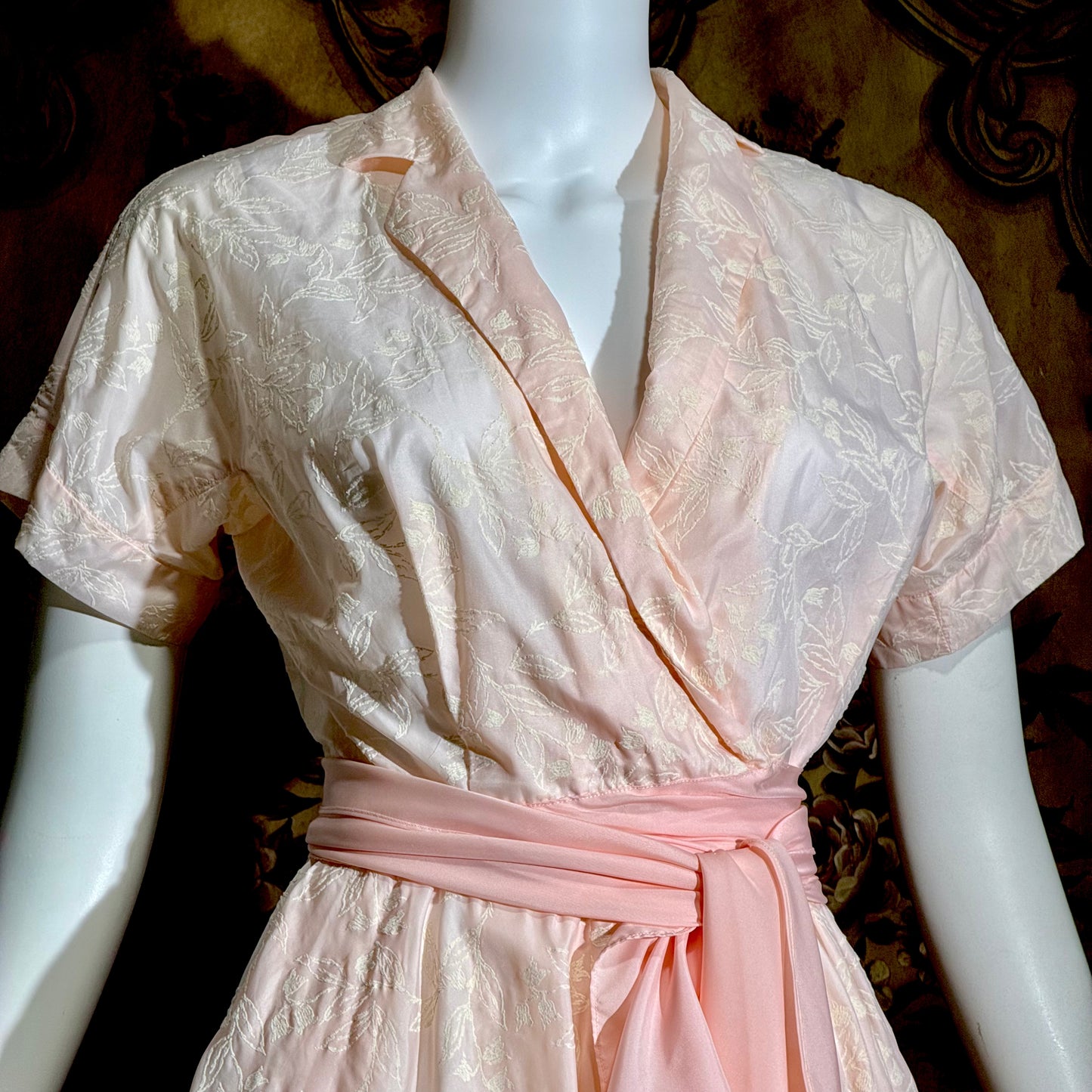 SAKS FIFTH AVENUE vintage 1950s dress, pink flocked floral wrap dress