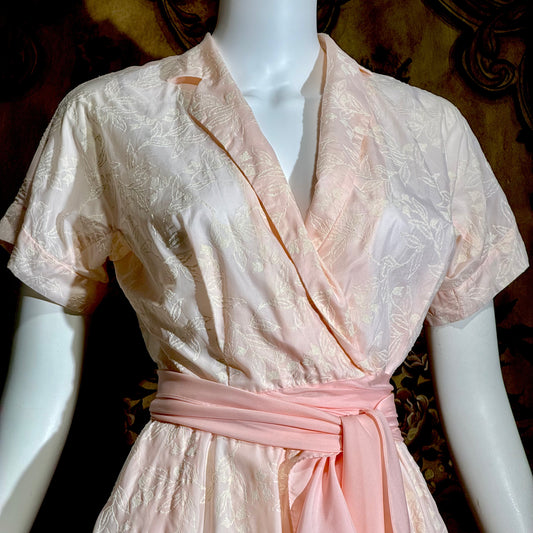 SAKS FIFTH AVENUE vintage 1950s dress, pink flocked floral wrap dress