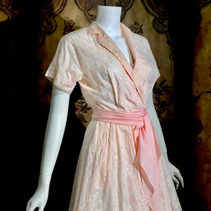 SAKS FIFTH AVENUE vintage 1950s dress, pink flocked floral wrap dress