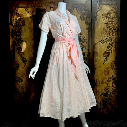 SAKS FIFTH AVENUE vintage 1950s dress, pink flocked floral wrap dress