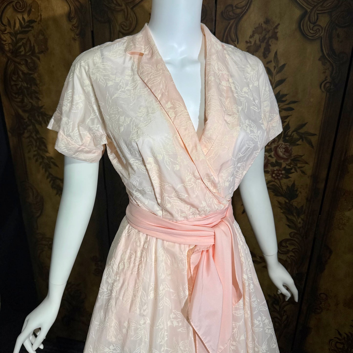 SAKS FIFTH AVENUE vintage 1950s dress, pink flocked floral wrap dress