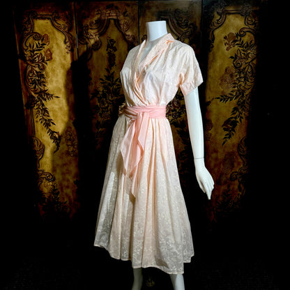 SAKS FIFTH AVENUE vintage 1950s dress, pink flocked floral wrap dress