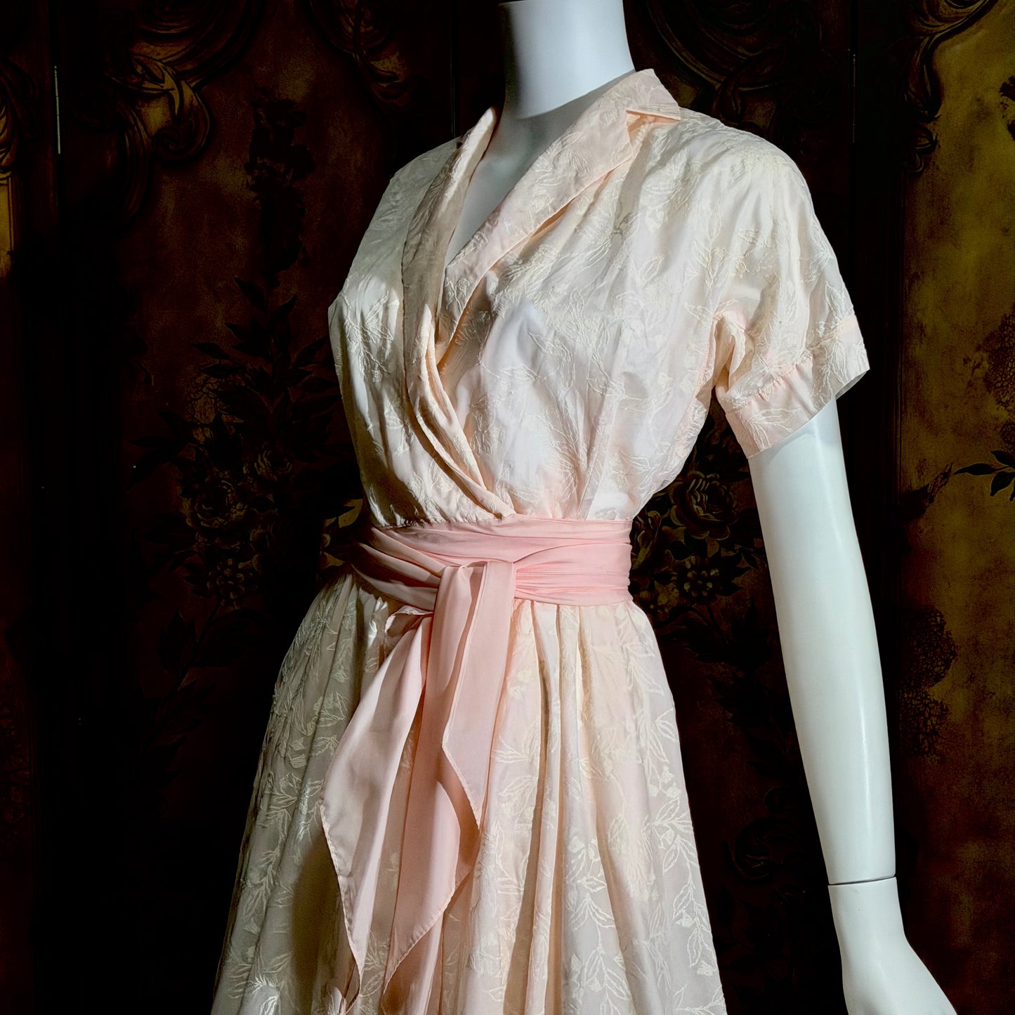 SAKS FIFTH AVENUE vintage 1950s dress, pink flocked floral wrap dress