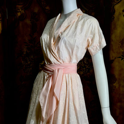 SAKS FIFTH AVENUE vintage 1950s dress, pink flocked floral wrap dress
