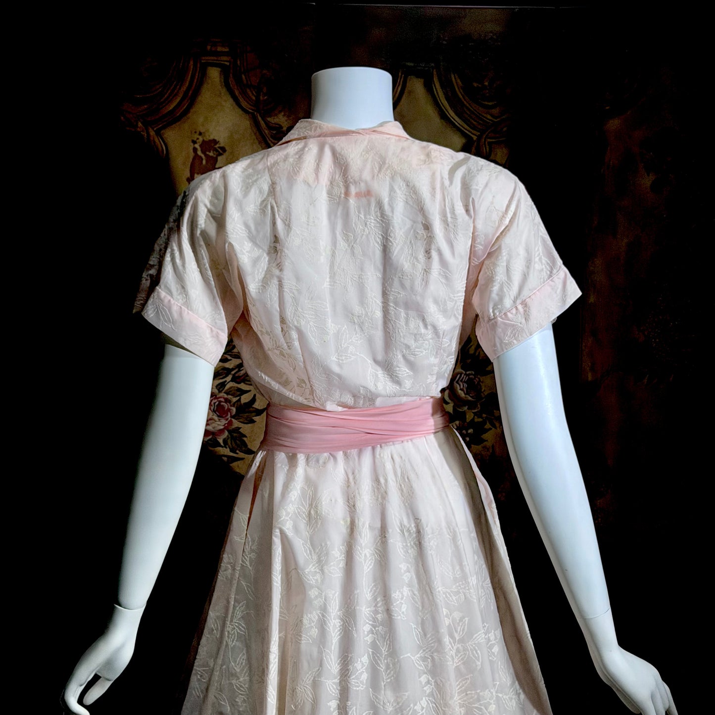 SAKS FIFTH AVENUE vintage 1950s dress, pink flocked floral wrap dress