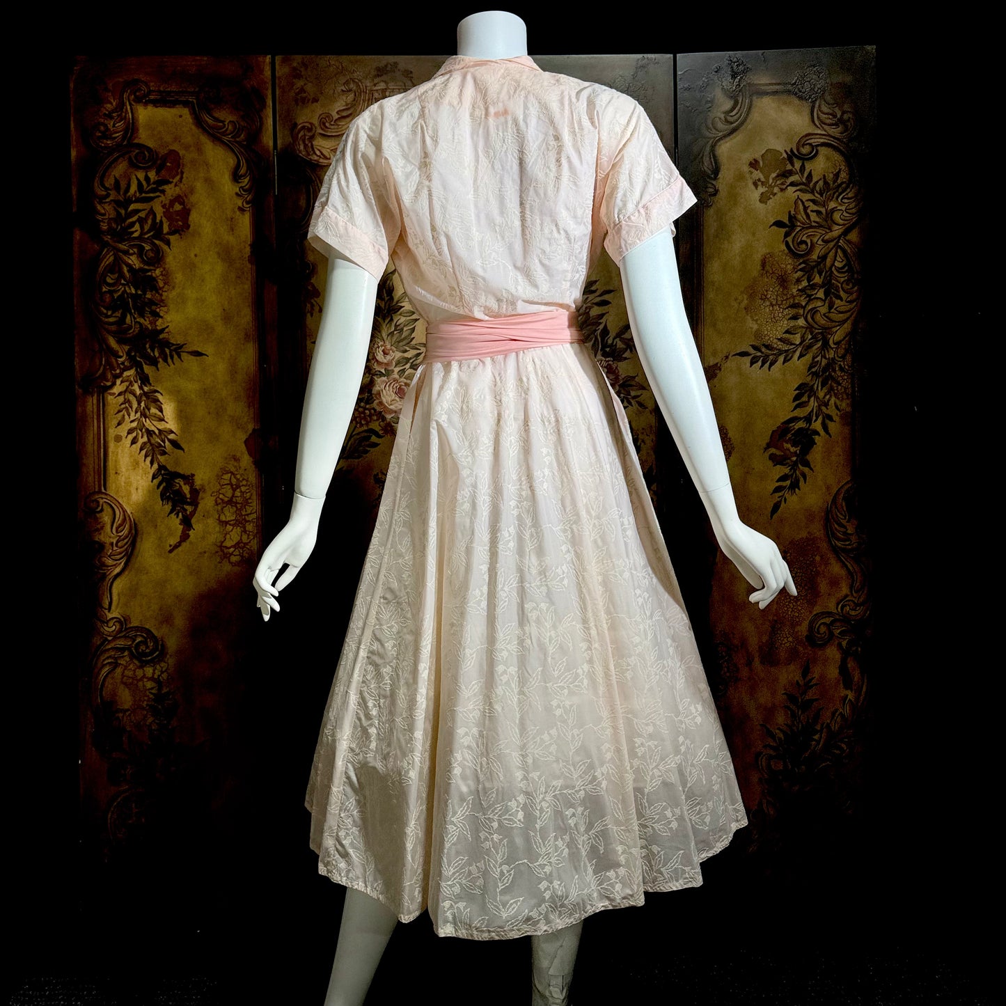 SAKS FIFTH AVENUE vintage 1950s dress, pink flocked floral wrap dress