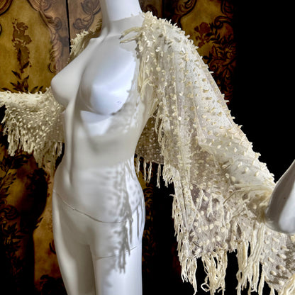 Victorian Edwardian fringed shawl scarf, 1900s Creamy White net and yarn Bridal Wrap