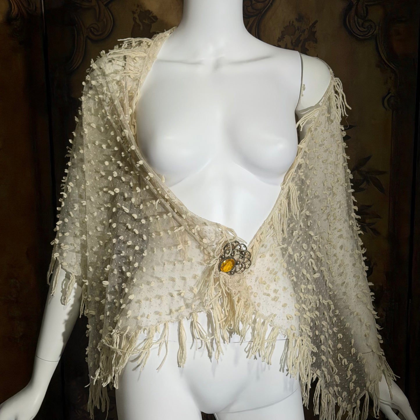 Victorian Edwardian fringed shawl scarf, 1900s Creamy White net and yarn Bridal Wrap