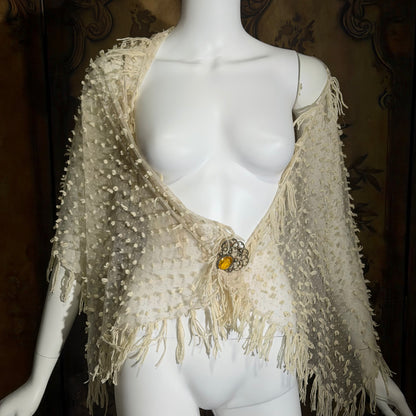 Victorian Edwardian fringed shawl scarf, 1900s Creamy White net and yarn Bridal Wrap
