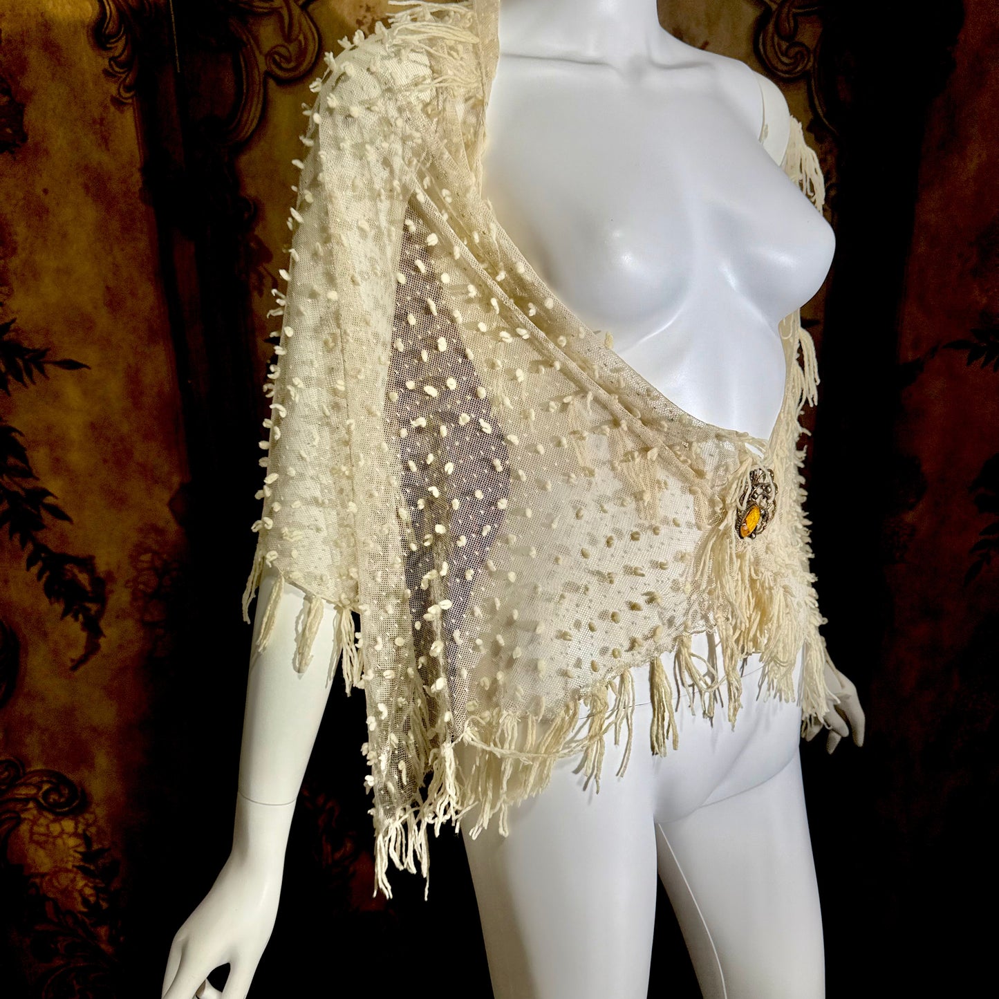 Victorian Edwardian fringed shawl scarf, 1900s Creamy White net and yarn Bridal Wrap