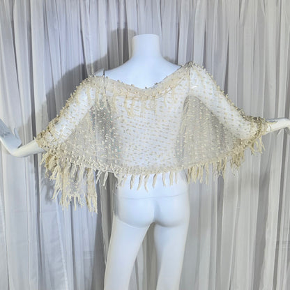 Victorian Edwardian fringed shawl scarf, 1900s Creamy White net and yarn Bridal Wrap