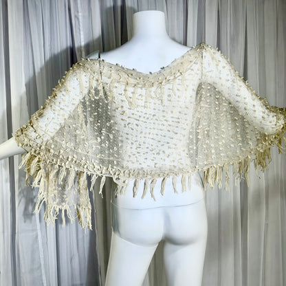 Victorian Edwardian fringed shawl scarf, 1900s Creamy White net and yarn Bridal Wrap