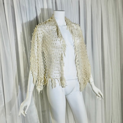Victorian Edwardian fringed shawl scarf, 1900s Creamy White net and yarn Bridal Wrap